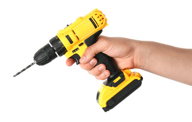 Man with cordless electric drill on white background, closeup