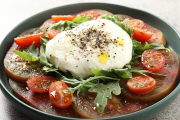 Delicious fresh burrata salad in bowl on gray table, closeup