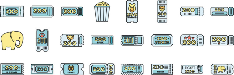 Large set of colorful zoo tickets featuring different animals and popcorn, perfect for illustrating a day at the zoo