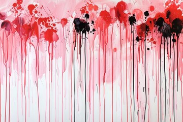 Abstract painting featuring bold red and black paint drips and splatters on canvas, Playful drips and splatters add a sense of spontaneity and movement