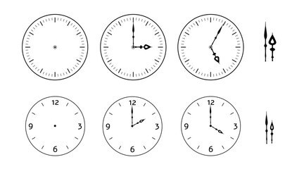 Set of dials with clock hands on a white background