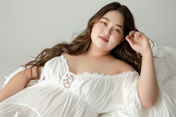 Fototapeta premium Overweight Asian woman in white sleepwear, studio shot. Concept about lifestyle and body positivity