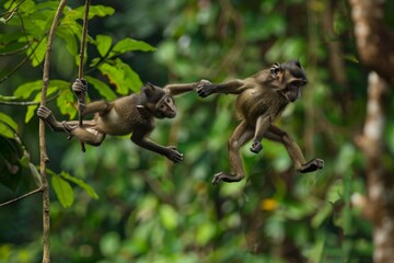 A couple of monkeys happily swinging and hanging from tree branches, Playful monkeys swinging from tree to tree