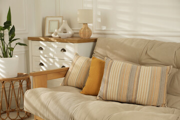 Sofa with soft pillows, chest of drawers, different decorative elements and houseplant indoors