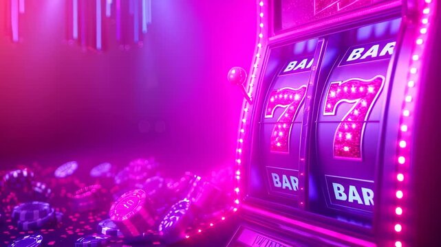 video of casino slots machines in blue and purple colors, Problem gambling or ludomania concept