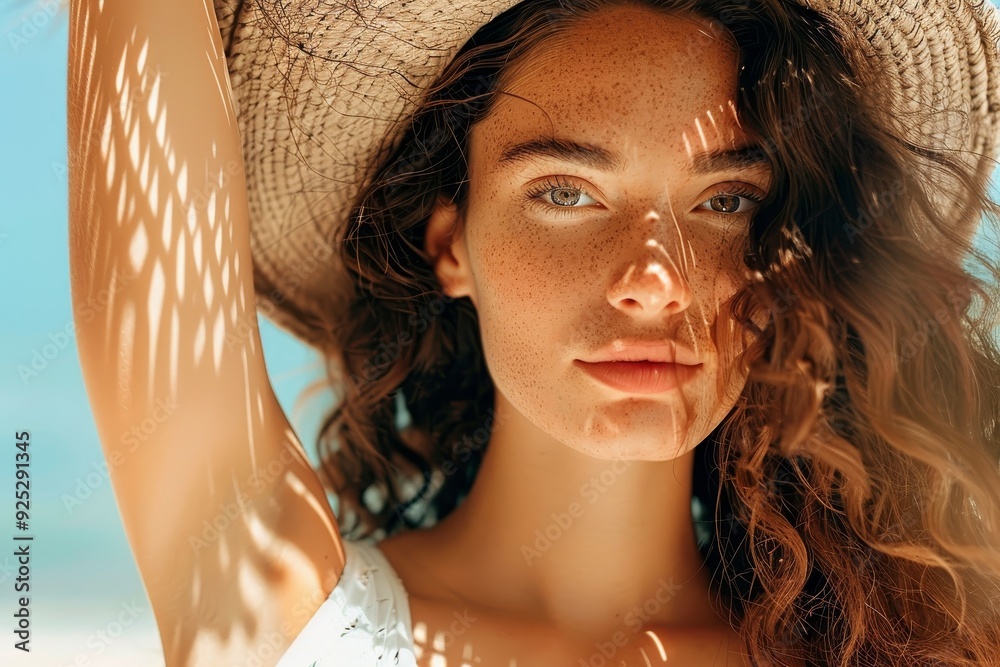 Sticker woman enjoying a sunny day at the beach while wearing a straw hat, playing with contrast to showcase