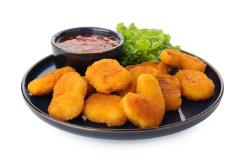 Tasty chicken nuggets with chili sauce and lettuce isolated on white