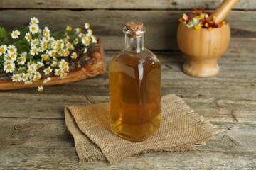 Tincture in bottle, medicinal herbs and mortar with pestle on wooden table