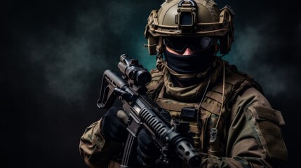 Portrait of a special forces soldier with modern machine gun and helmet. Neural network ai generated art