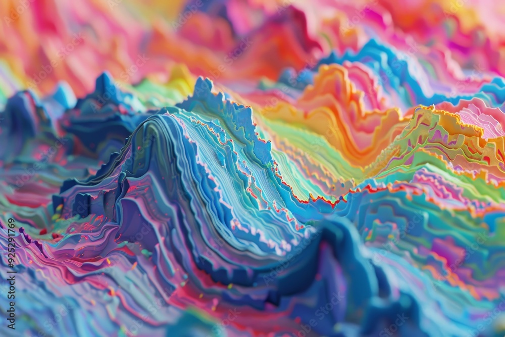 Poster detailed view of vibrant, abstract painting with multiple colors and textures blending together, pla