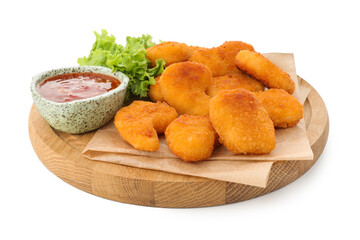 Board with hot chili sauce, lettuce and nuggets isolated on white