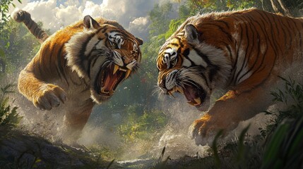 Two Tigers Facing Off in a Lush Jungle Setting