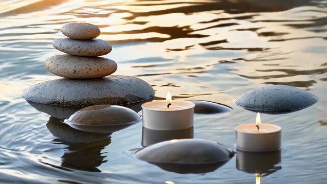 A serene scene featuring smooth stones balanced atop each other and candles gently floating on water at sunset.