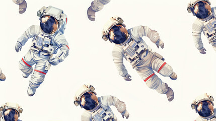 Pattern of Astronauts in Space Suits Floating in Zero Gravity. Watercolor background. Concept of Space Exploration, Astronauts, Zero Gravity, Outer Space