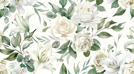 Elegant watercolor floral pattern featuring white roses and lilies with green leaves. Concept of floral design, botanical illustration, wedding decor, nature-inspired art. Soft background
