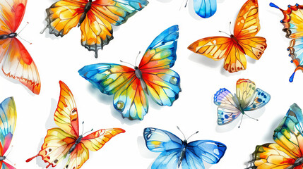 Vibrant watercolor butterflies on a white background. Concept of colorful nature, insect illustration, art design, spring aesthetics