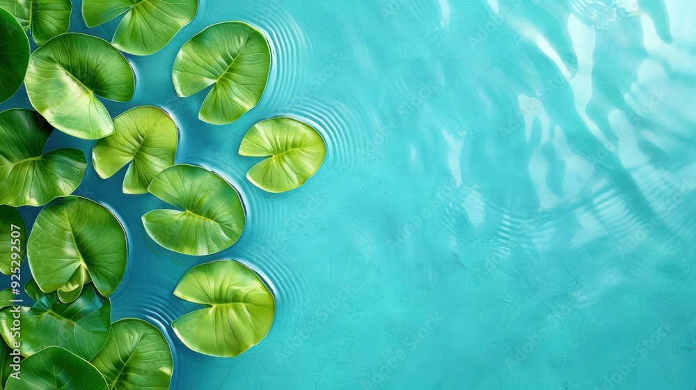 Wall mural a serene top view of lily pads floating on clear blue water creating a tranquil and peaceful natural