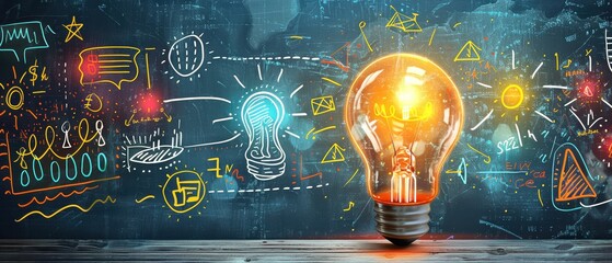 Creative idea concept with glowing lightbulb and colorful sketches on dark background, symbolizing innovation and inspiration.
