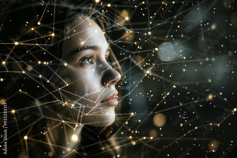 Poster Close-up of a womans face encircled by intricate lines and dots, illustrating a concept related to self-learning algorithms, Portraying the concept of self-learning algorithms