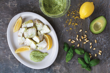 Chilean Sea Bass with Avocado & Pine Nut Pesto