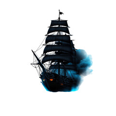 A ghost ship sailing through foggy waters, Halloween pirate theme, detailed illustration, isolated on white background. 