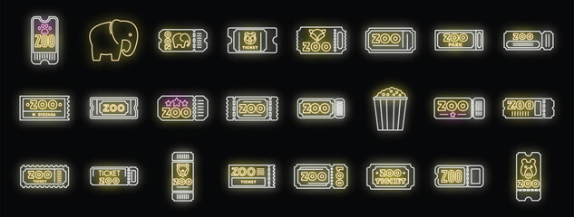 Glowing neon zoo tickets icons set representing visiting zoo park