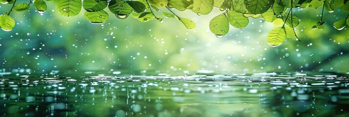 Fototapeta premium Beautiful green leaves and water droplets background, serene and refreshing nature scene with droplets reflecting light.
