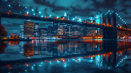  Brooklyn Bridge at night with colorful lights. There are tall buildings in the background and a body of water in the foreground.