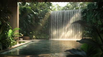 Tropical Pool with Waterfall and Lush Greenery