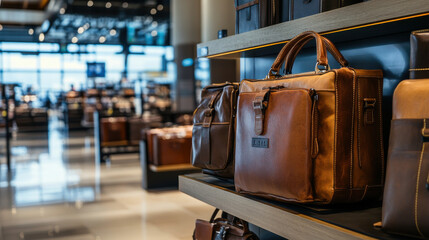 Leather travel goods and accessories displayed in an airport duty-free shop