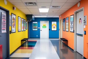 A brightly colored hallway adorned with benches and walls featuring posters with inspiring quotes, Posters on the walls showcasing inspiring quotes and educational themes
