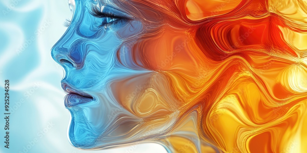 Canvas Prints Abstract Portrait of a Woman with Blue and Orange Liquid Patterns