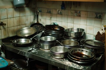 Multiple pans being placed on a stove, creating a cluttered cooking scene with clanging sounds, Pots and pans clang as they are moved to make room for cleaning