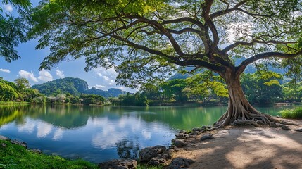 A large tree with thick roots stretches out over a calm lake, with green hills and a blue sky in the background.
