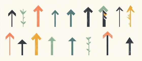 A collection of stylized arrow designs in various colors and styles, arranged in rows. The arrows include floral and geometric elements.