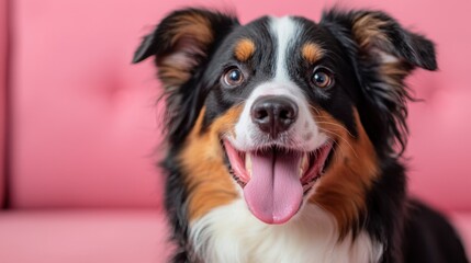 Funny and hungry Australian Shepherd licking his lips with his tongue on pink pastel background.