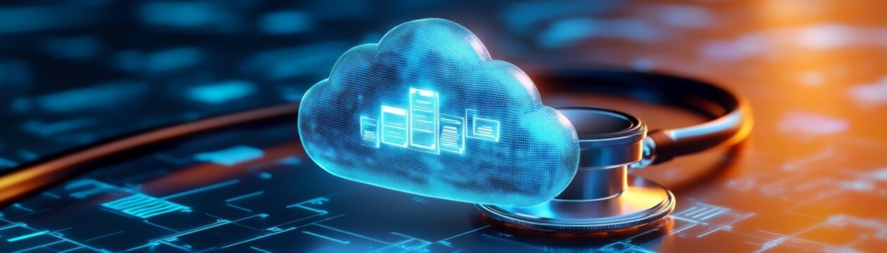 A digital concept depicting a cloud with health analytics represented by bars, connected to a stethoscope, symbolizing the fusion of healthcare and technology