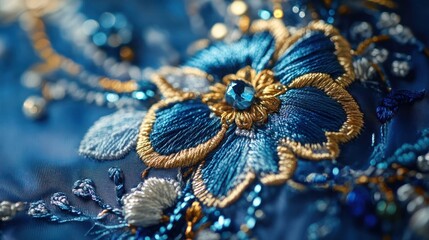 Close-up of Blue and Gold Embroidered Flower with Crystal