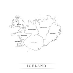 Administrative regions of ICELAND. Province, state, division name with white map with black outline. Vector illustration	