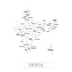 Administrative regions of INDIA. Province, state, division name with white map with black outline. Vector illustration	