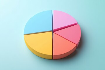Obraz premium A colorful 3D pie chart with four segments in blue, pink, yellow, and orange against a soft pastel background, representing data visualization and statistics