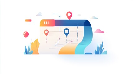 Obraz premium A colorful illustration of a web page with navigation markers, symbolizing a digital map interface with clouds and foliage accents