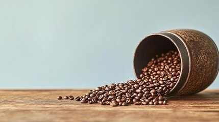Close-up of freshly roasted coffee beans spilling from the roaster onto a wooden table, light solid color background
