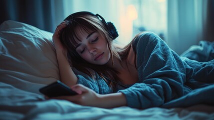 Fototapeta premium Sleepy Listener in Dim Light