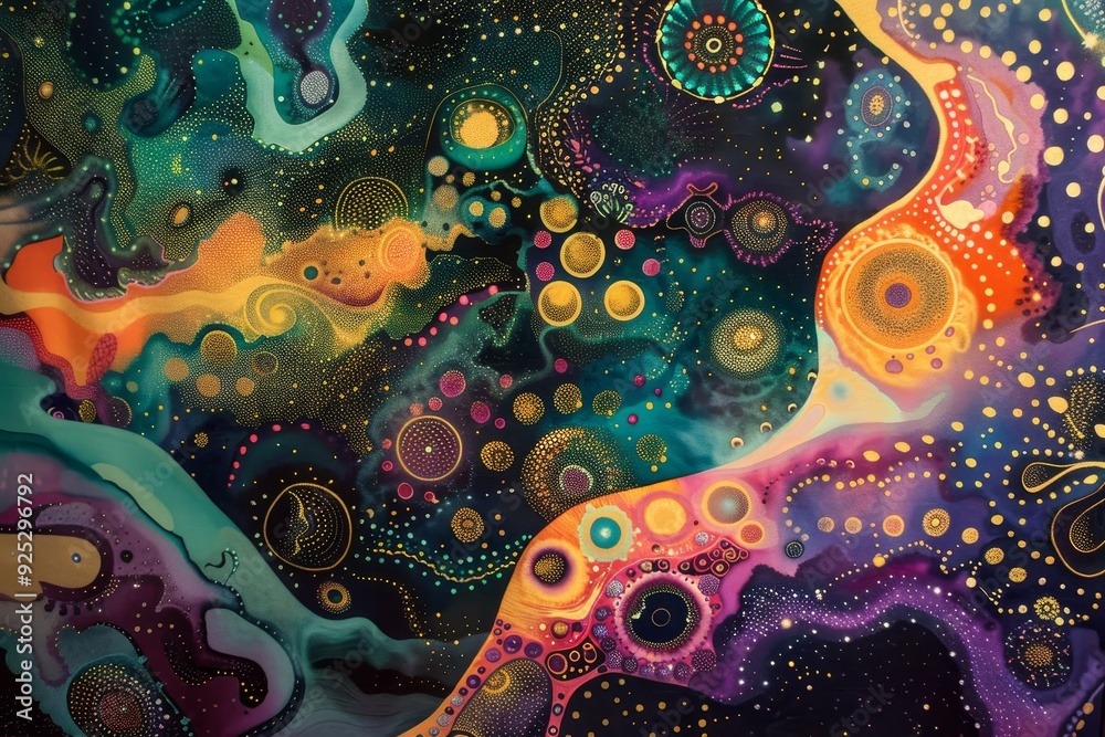 Poster multicolored shapes and patterns create a lively composition in an abstract painting, psychedelic pa
