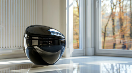 Fototapeta premium Round glossy black toilet with a modern design placed near a large window with greenery outside. Concept of luxurious bathroom fixtures, contemporary interior design, unique home decor