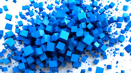 A dynamic arrangement of blue cubes scattered across a white background.