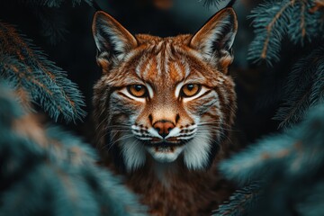Obraz premium Majestic lynx with piercing eyes in forest setting for wildlife and nature enthusiasts