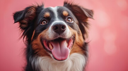 Funny and hungry Australian Shepherd licking his lips with his tongue on pink pastel background.