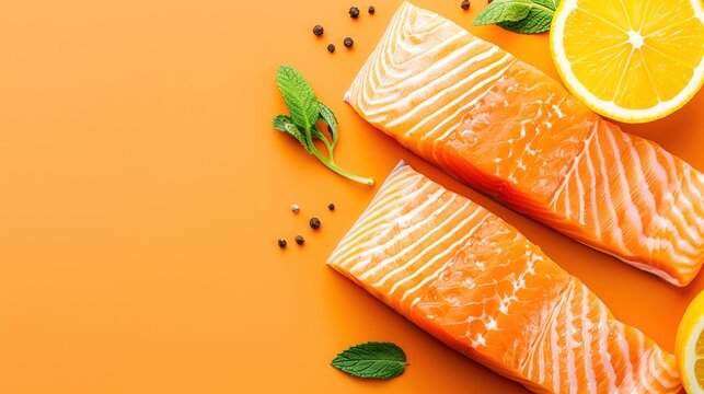 Fresh salmon fillets with orange slices and herbs on an orange background. Perfect for culinary or health-related themes.